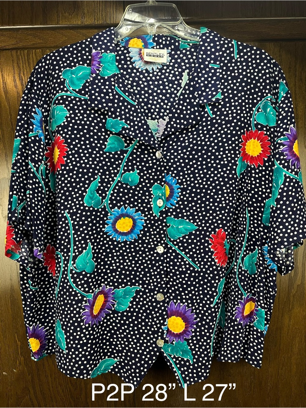Button-Up Floral Polka Dot Blouse in Navy - Classic Relaxed Fit